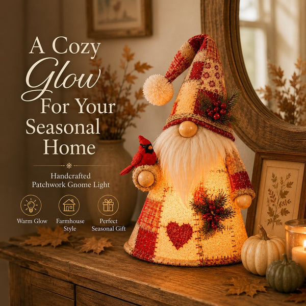 ๐ฅ LAST DAY 49% OFF โ ๐ฆ Patchwork Bird Gnome Light Collection | Warm Glowing Tabletop Decor with Farmhouse Patchwork Details for Mantels, Shelves & Holiday Gifts โจ