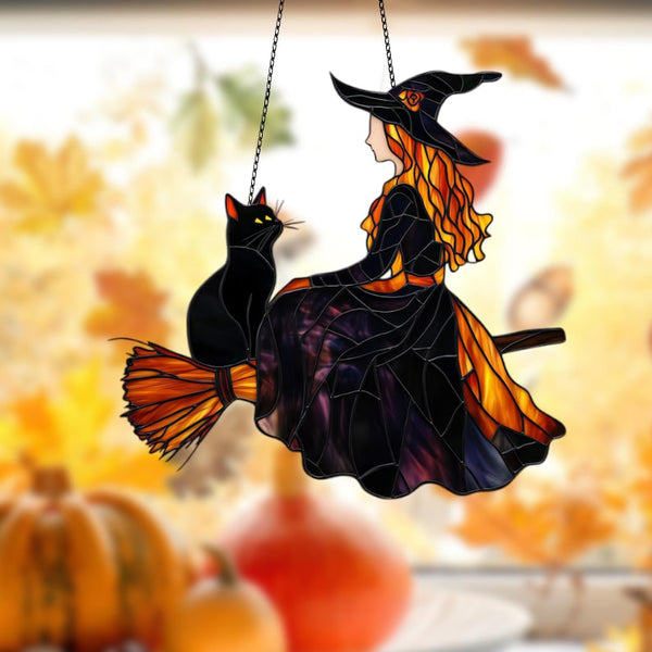 Personalized Witch and Cat Acrylic Window Hanging, Gothic Halloween Decor