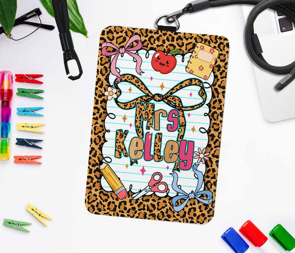 Personalized Leopard Print Teacher ID Badge Holder: Faux Leather