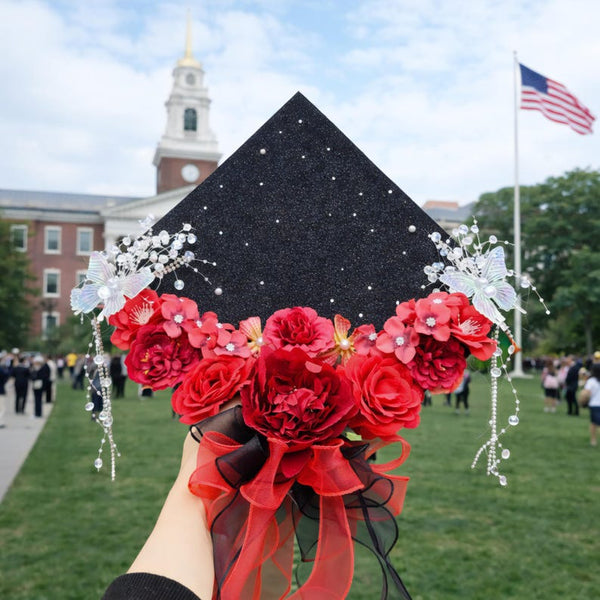 Handmade Floral Graduation Cap Topper, Glitter Red Flowers, Custom Grad Decor