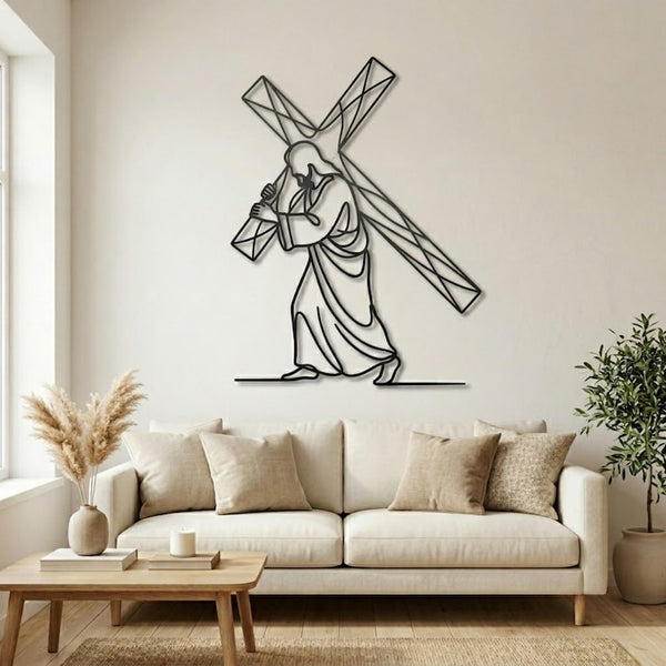 Minimalist Jesus Carrying Cross Metal Wall Art \| Christian Faith Decor Sign
