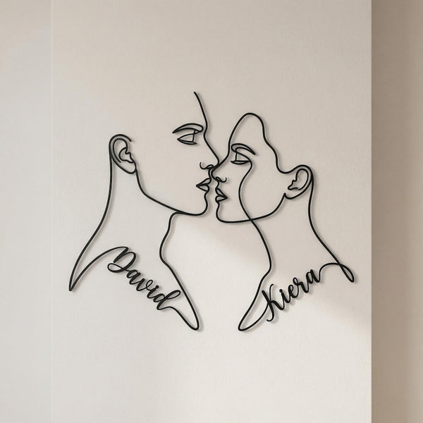Personalized Couple Line Art Metal Sign – Custom Names, Minimalist Face Decor