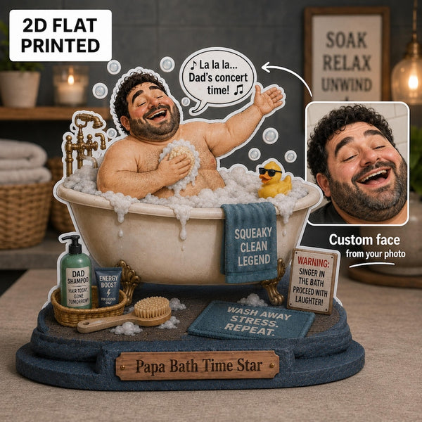 Personalized Papa Bath Time Star Wooden Block Sign, Custom Face Dad Keepsake