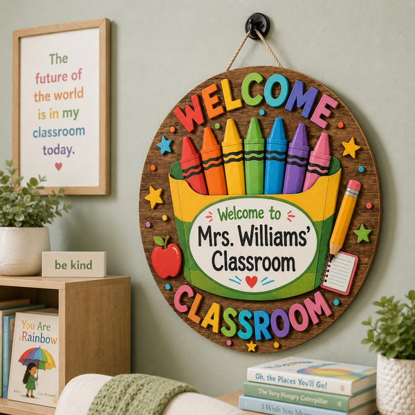 Personalized Crayon Classroom Sign, Custom Teacher Door Sign, Back to School Welcome Sign, Teacher Classroom Decor, Teacher Gift