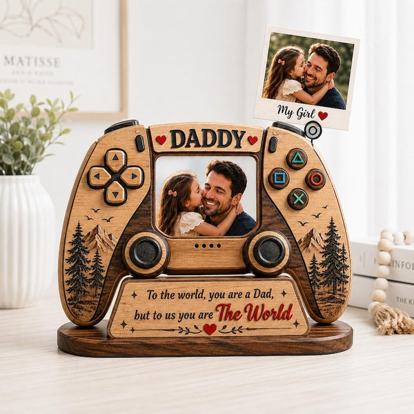 Personalized Fathers Day Gift for Gamer Dad, Retro Game Console Photo Wooden Block Sign, Custom Photo Frame Gamer Dad Sign