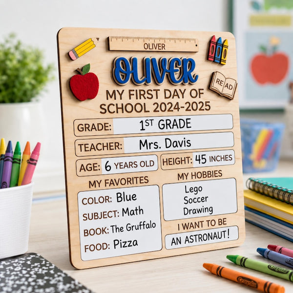 Personalized First Day of School Sign, Reusable Wooden Milestone Board, Kids Photo Prop