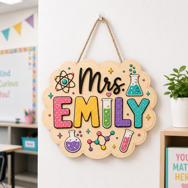 Personalized Science Teacher Wood Sign, Chemistry Classroom Decor, Teacher Name Hanging Art