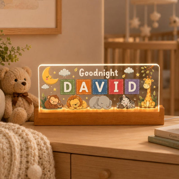 Personalized Safari Name Night Light, Custom Animal Nursery Lamp, Wooden Base LED Decor