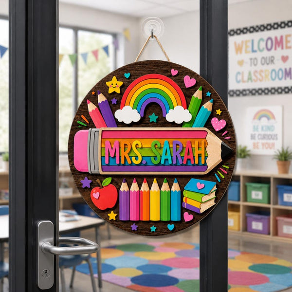 Personalized Rainbow Pencil Teacher Door Sign, Classroom Welcome Decor, School Supplies Plaque