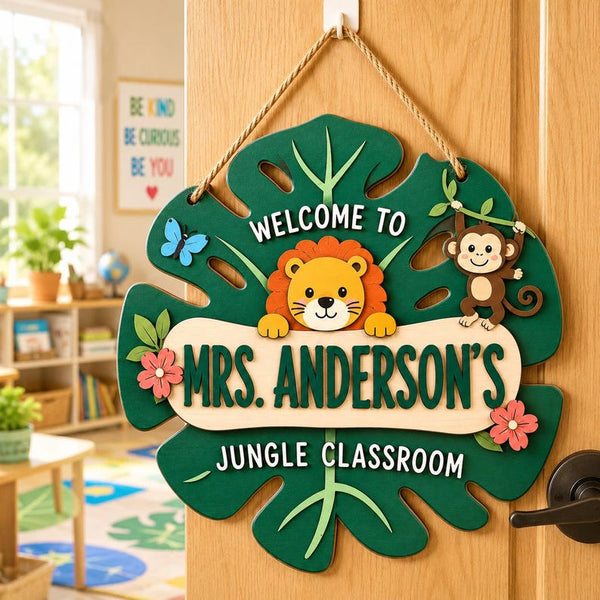 Personalized Jungle Classroom Door Sign, Teacher Name Wooden Sign, Welcome Classroom Decor, Custom Teacher Gift