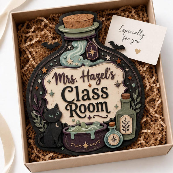 Personalized Witchy Classroom Door Sign, Potion Bottle Teacher Name Sign, Black Cat Wooden Classroom Decor, Halloween Teacher Gift