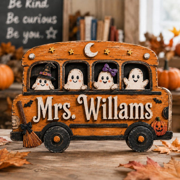 Personalized Halloween School Bus Door Sign, Custom Teacher Name Wood Decor