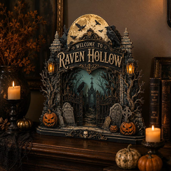 Raven Hollow Graveyard Wooden Sign, Gothic Halloween Tabletop Decor, Cemetery Gate Shelf Sitter, Raven and Pumpkin Spooky Display