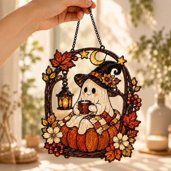 Ghost Pumpkin Acrylic Suncatcher, Coffee Lover Window Hanging, Halloween Decor
