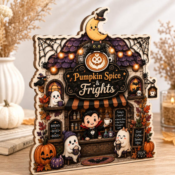 Halloween Coffee Shop Wooden Sign, Pumpkin Spice Frights Decor, Spooky Fall Shelf Sitter