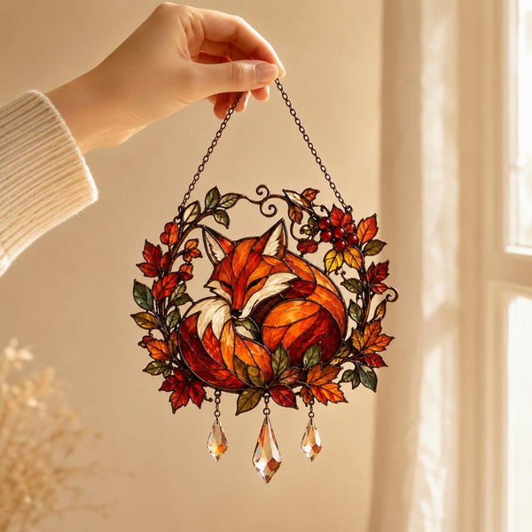 Fox Stained Glass Suncatcher, Autumn Woodland Animal Window Hanging (Acrylic)