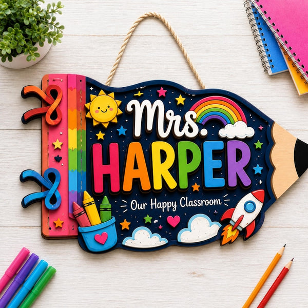 Personalized Teacher Pencil Sign, Rainbow Classroom Door Decor, Back to School Gift