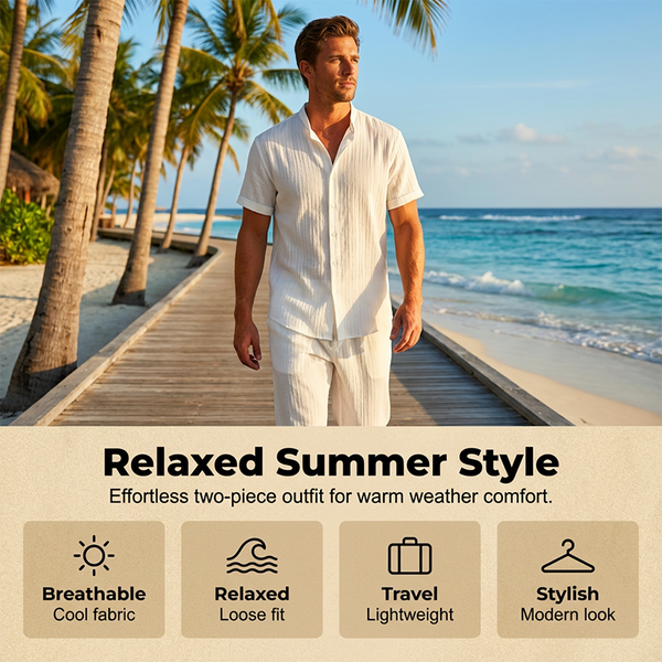 👔 LIMITED-TIME 50% OFF! ✨ Men's Textured 2-Piece Shirt & Pants Set – Breathable, Stand Collar, Elastic Waist 🌿
