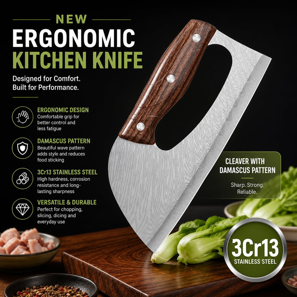 Stainless Steel Kitchen Cleaver Knife with Ergonomic Handle