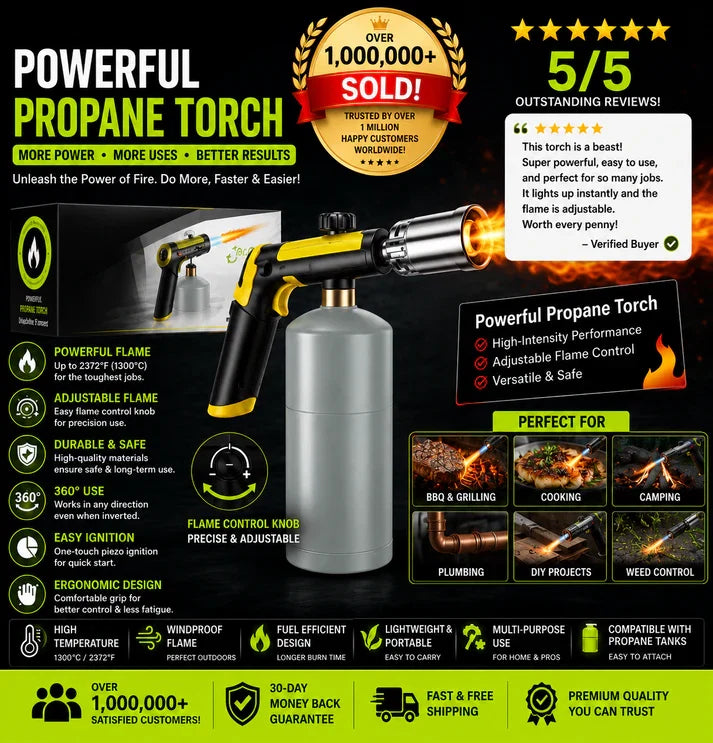 Propane Torch — One-Touch Max Fire, Safety Lock, Adjustable Flame | BBQ, Searing, Fireplace