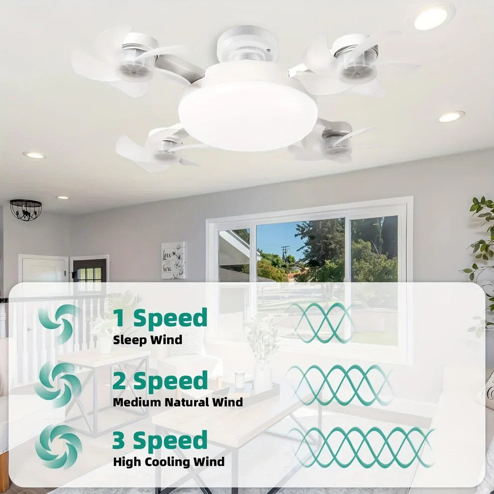 Socket Fan Light with Remote Control, E27 Screw-in, 3 Color Temperatures, 3 Wind Speeds, 4 Head