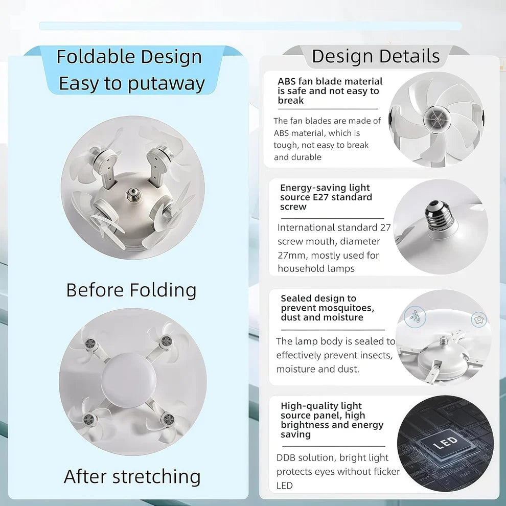 Socket Fan Light with Remote Control, E27 Screw-in, 3 Color Temperatures, 3 Wind Speeds, 4 Head