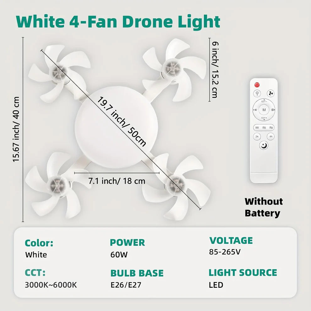 Socket Fan Light with Remote Control, E27 Screw-in, 3 Color Temperatures, 3 Wind Speeds, 4 Head