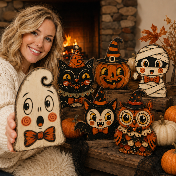 🎃 Vintage Halloween Wooden Tabletop Decor – Cute Retro Characters