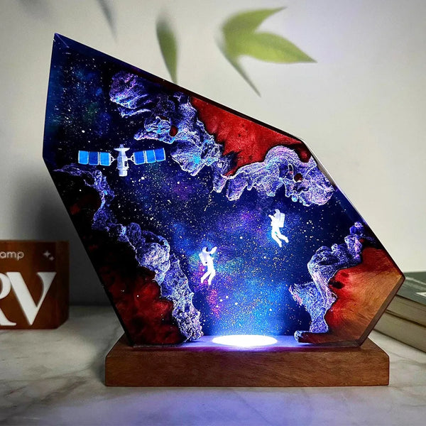 Creative Astronaut Satellite Epoxy Resin Space Night Light Ornament Space Night Sky Interstellar Wooden Light Handicraft Gift