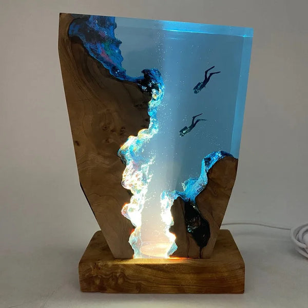 Epoxy Resin Wood Diver Night Light Scuba Diving Deep Sea Exploration Free Diving Unique Home Decor Table Night Lamp Christmas