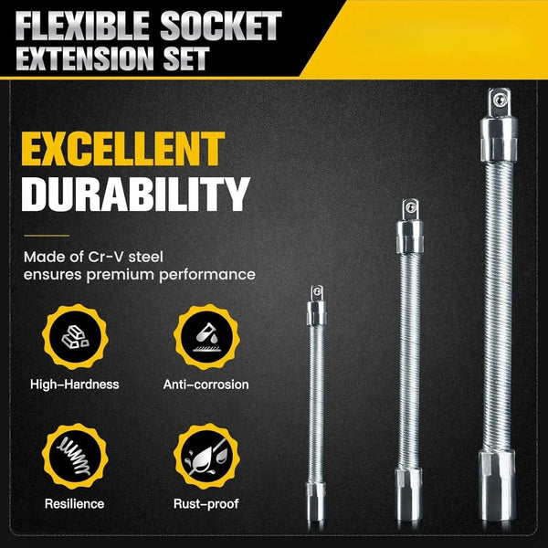 2026 Hot Sale💖1/2 Inch 35cm Socket Ratchet Wrench Set - 3 Bendable Shafts, Wrench Extender Tool, Connecting Rod