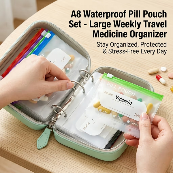 💊A8 Waterproof 14-Pouch Weekly Pill Organizer, Color-Coded Travel Storage for Vitamins & Supplements