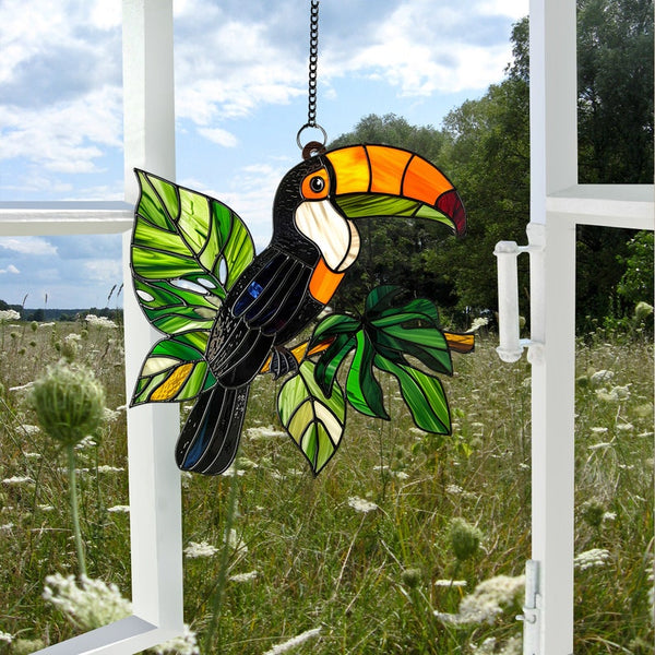 Acrylic Toucan Window Hanging: Tropical Bird & Monstera Decor