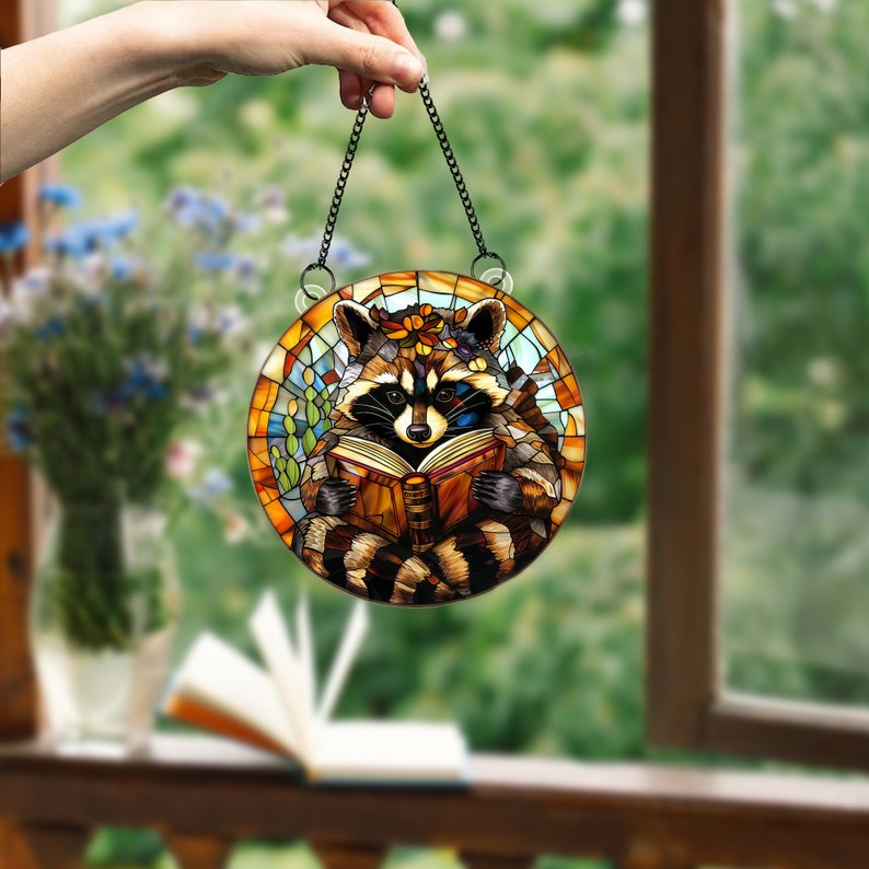 Racoon Reading Book Acrylic Window Hanging: Bookish Home Decor