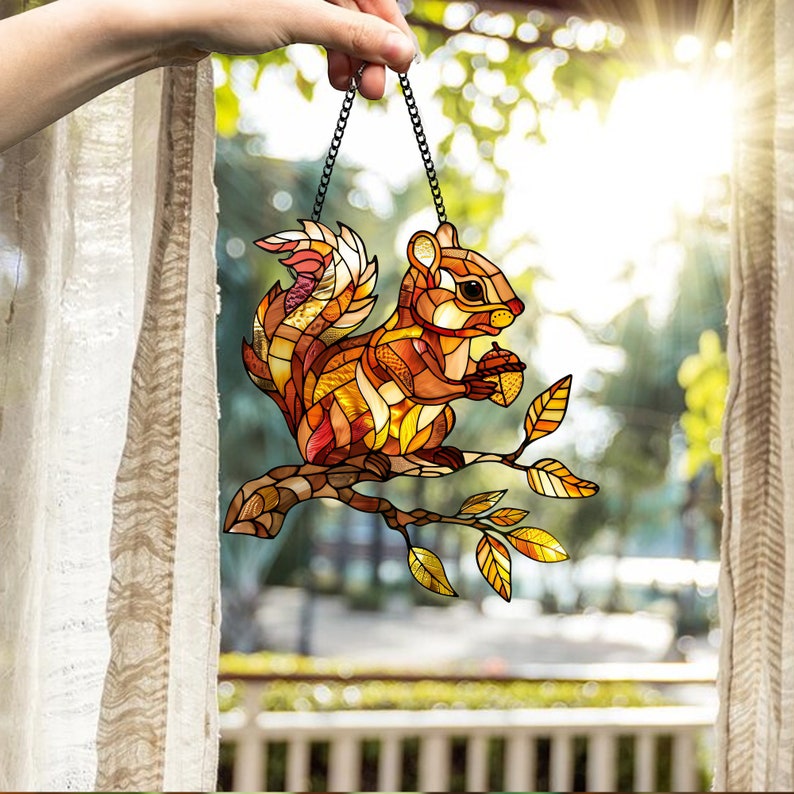 Autumn Squirrel Acrylic Window Hanging: Wild Animal Ornament