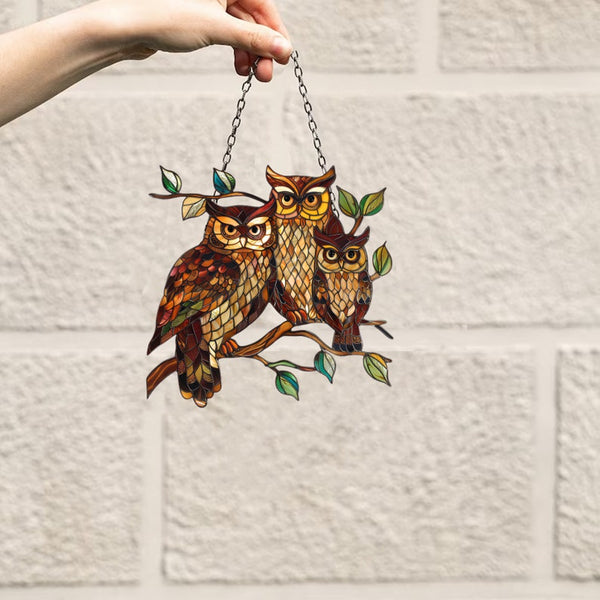 Owl Family Acrylic Window Hanging: Gothic Bird Decor