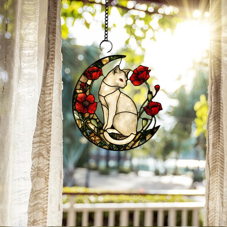 Personalized Cat Window Hanging: Acrylic Poppy Flower Art Decor