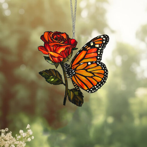 Monarch Butterfly Acrylic Window Hanging: Rose Decoration