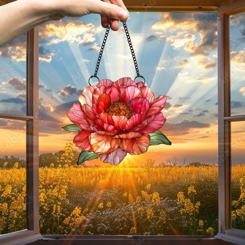 Peonies Acrylic Window Hanging: Floral Ornament Decor