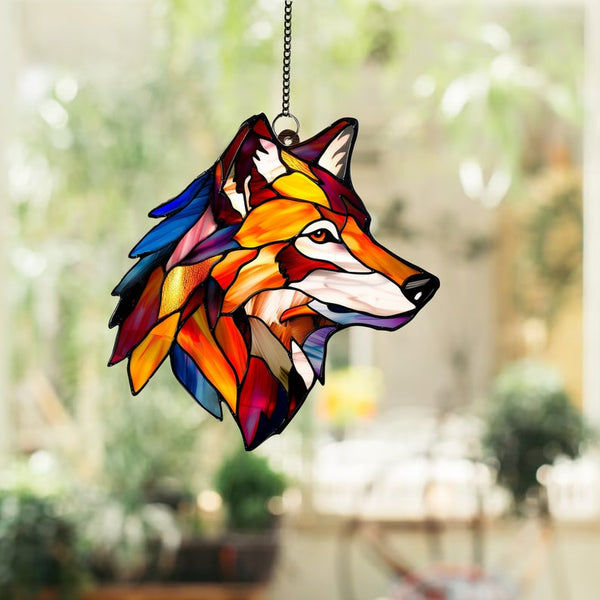 Colorful Wolf Acrylic Window Hanging: Wild Animal Home Decor