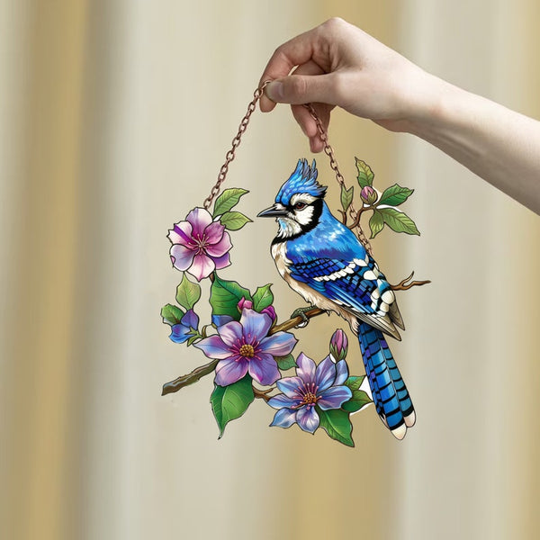 Blue Jay & Peony Acrylic Window Hanging: Nature Home Decor
