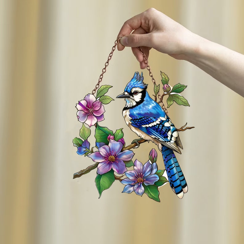 Blue Jay & Peony Acrylic Window Hanging: Nature Home Decor