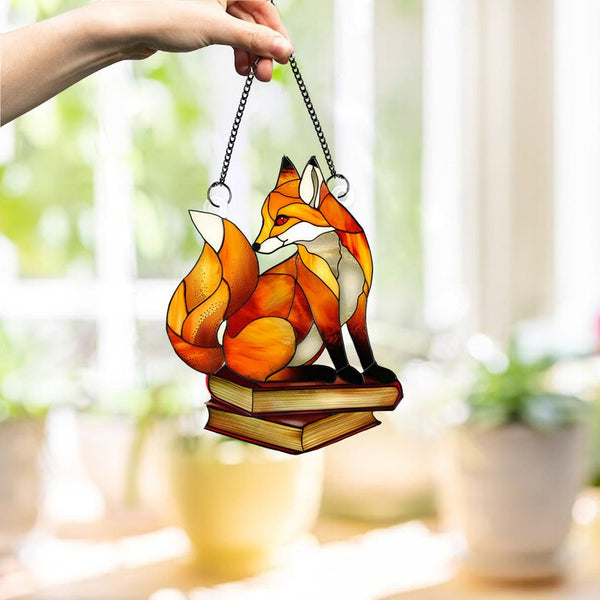 Fox on Books Acrylic Window Hanging: Nature Art Decoration