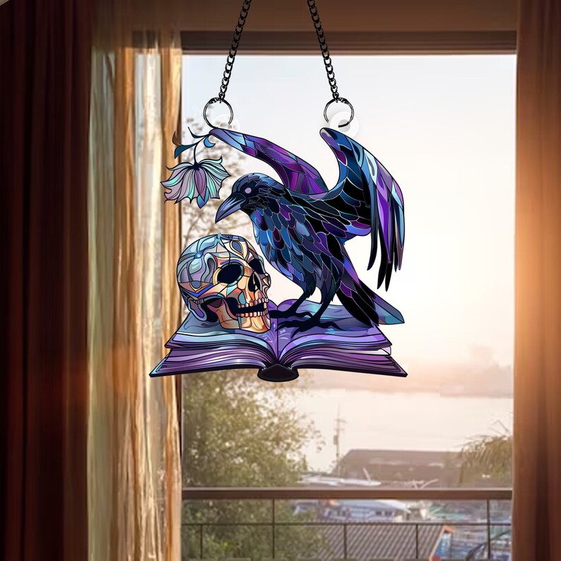 Raven & Skull Acrylic Window Hanging: Spooky Season Decor