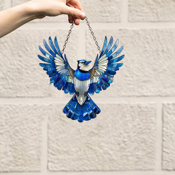 Acrylic Blue Jay Window Hanging: Peony Flowers, Nature Decor