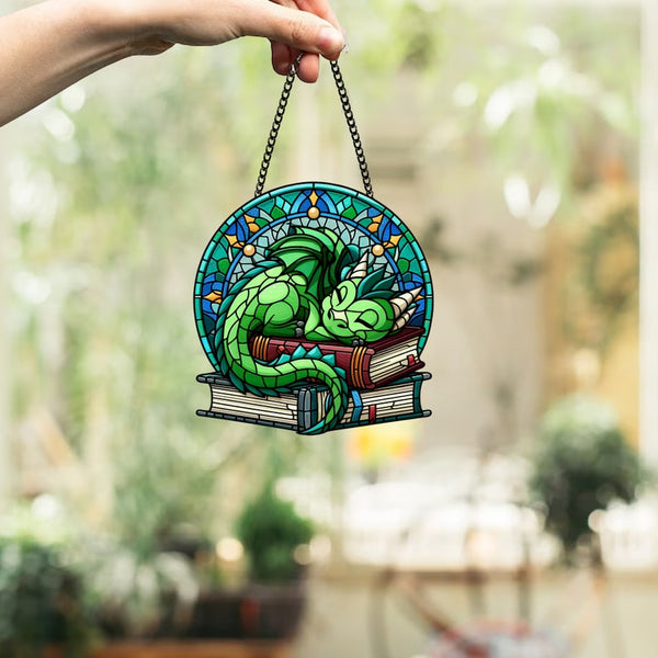 Green Dragon Sleeping on Books Acrylic Window Hanging: Fantasy Art