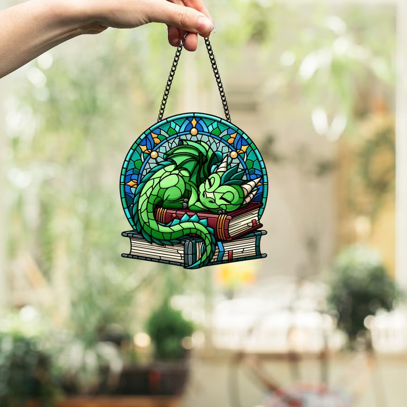 Green Dragon Sleeping on Books Acrylic Window Hanging: Fantasy Art