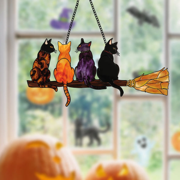 Personalized Cat Window Hanging: Acrylic Halloween Cats on Broom Decor