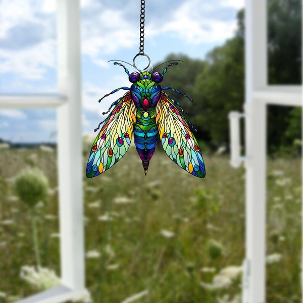 Acrylic Cicada Window Hanging: Peonies & Monstera Plant Art