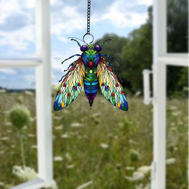 Acrylic Cicada Window Hanging: Peonies & Monstera Plant Art